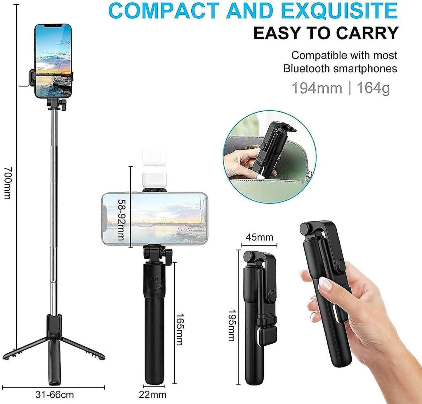 3 in 1 Wireless Selfie Stick Tripod with Flash Light